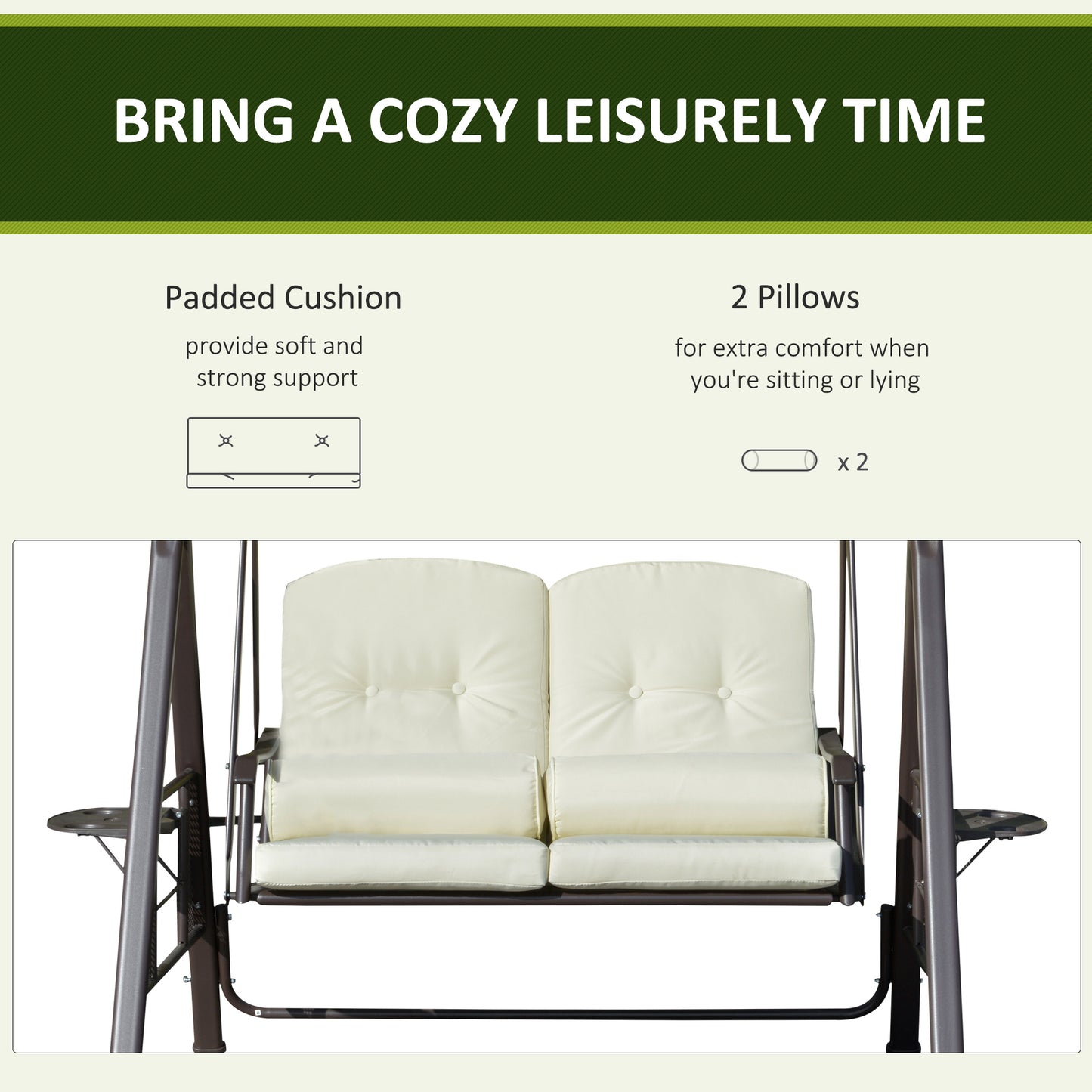 2-Person Patio Swing Bench with Adjustable Shade Canopy, Soft Cushions, Throw Pillows and Tray, Beige.