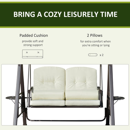 2-Person Patio Swing Bench with Adjustable Shade Canopy, Soft Cushions, Throw Pillows and Tray, Beige.