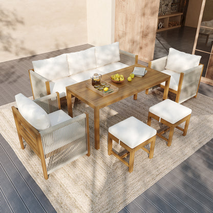 7-Seater Garden Lounge & Dining Set, Acacia Wood Frame Outdoor Patio Furniture, Rope Weaving, Acacia Wood Tabletop, Includes All Chairs & Backrest Cushions, Beige