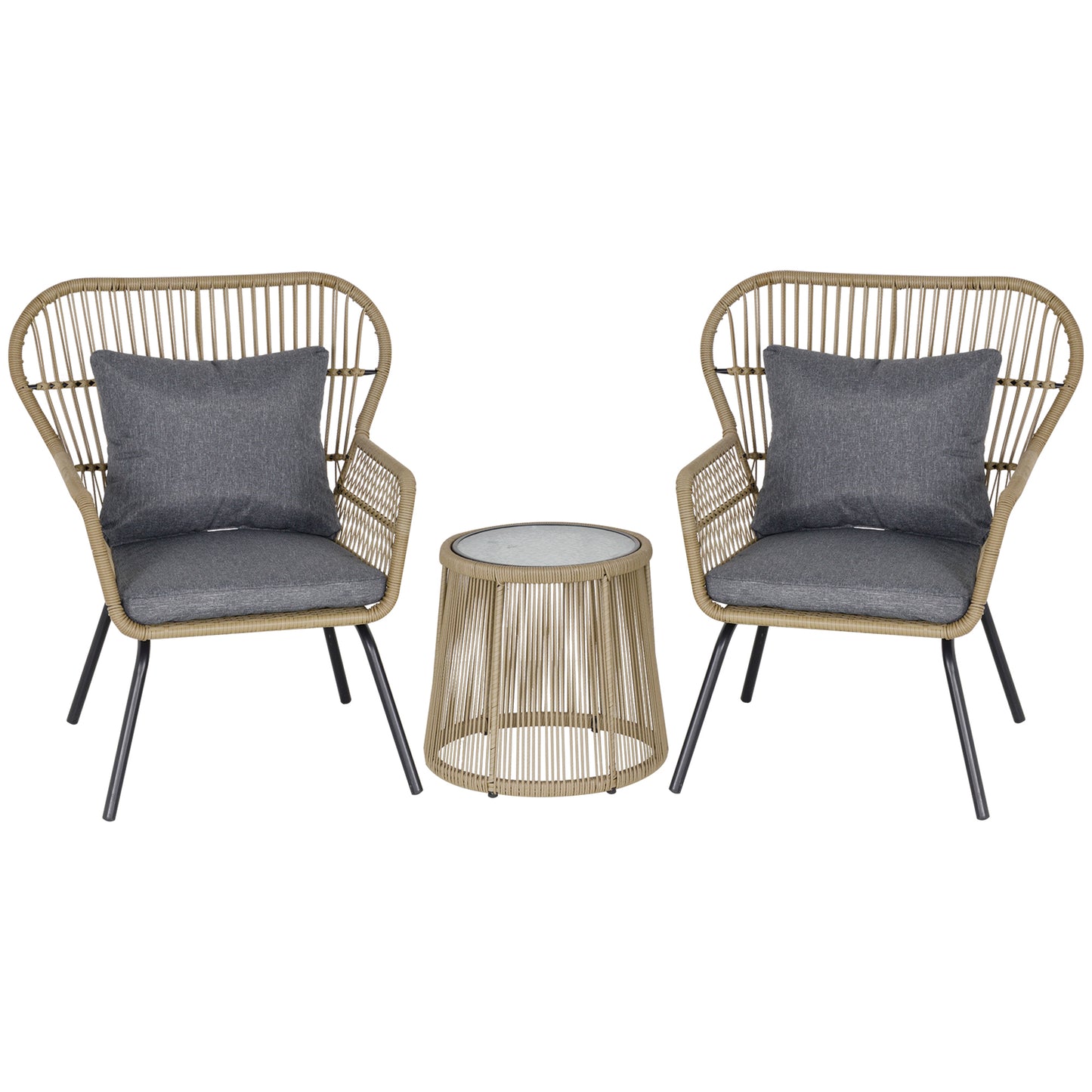 3 Pieces Rattan Bistro Set, Wicker Garden Furniture Set With Cushions, Glass Top Coffee Table And Chairs For Outdoor, Patio, Balcony, Brown