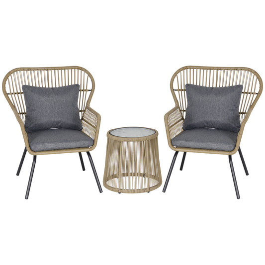 3 Pieces Rattan Bistro Set, Wicker Garden Furniture Set With Cushions, Glass Top Coffee Table And Chairs For Outdoor, Patio, Balcony, Brown