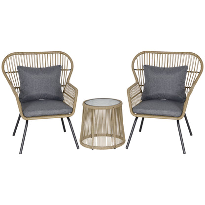 3 Pieces Rattan Bistro Set, Wicker Garden Furniture Set With Cushions, Glass Top Coffee Table And Chairs For Outdoor, Patio, Balcony, Brown
