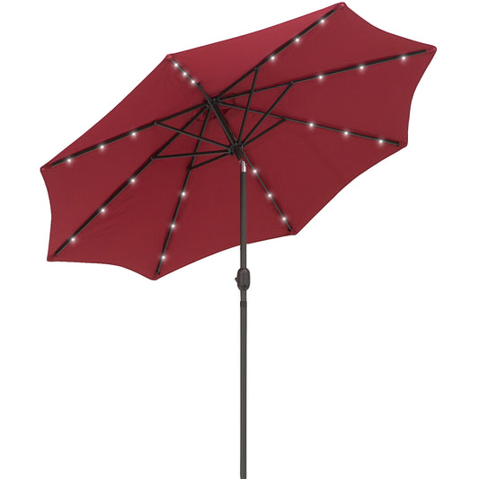 2.7m Patio Garden Umbrella Outdoor Parasol With Tilt Crank And 24 LEDs Lights (Red)