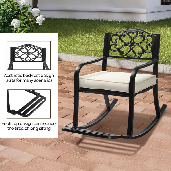 Metal Rocking Chair, Outdoor Rocking Bench With Cushion, Patio Rocker With Footrest, Weatherproof Rocking Chair For Outside, Patio, Garden, Flower Backrest