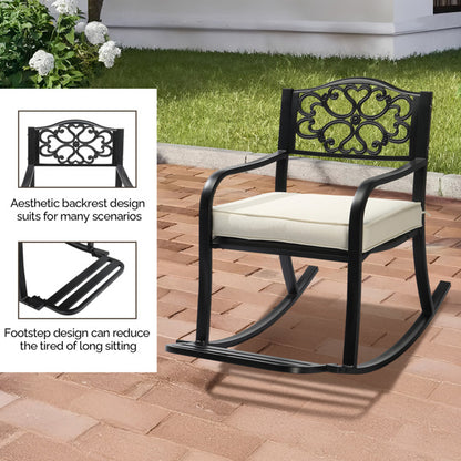Metal Rocking Chair, Outdoor Rocking Bench With Cushion, Patio Rocker With Footrest, Weatherproof Rocking Chair For Outside, Patio, Garden, Flower Backrest