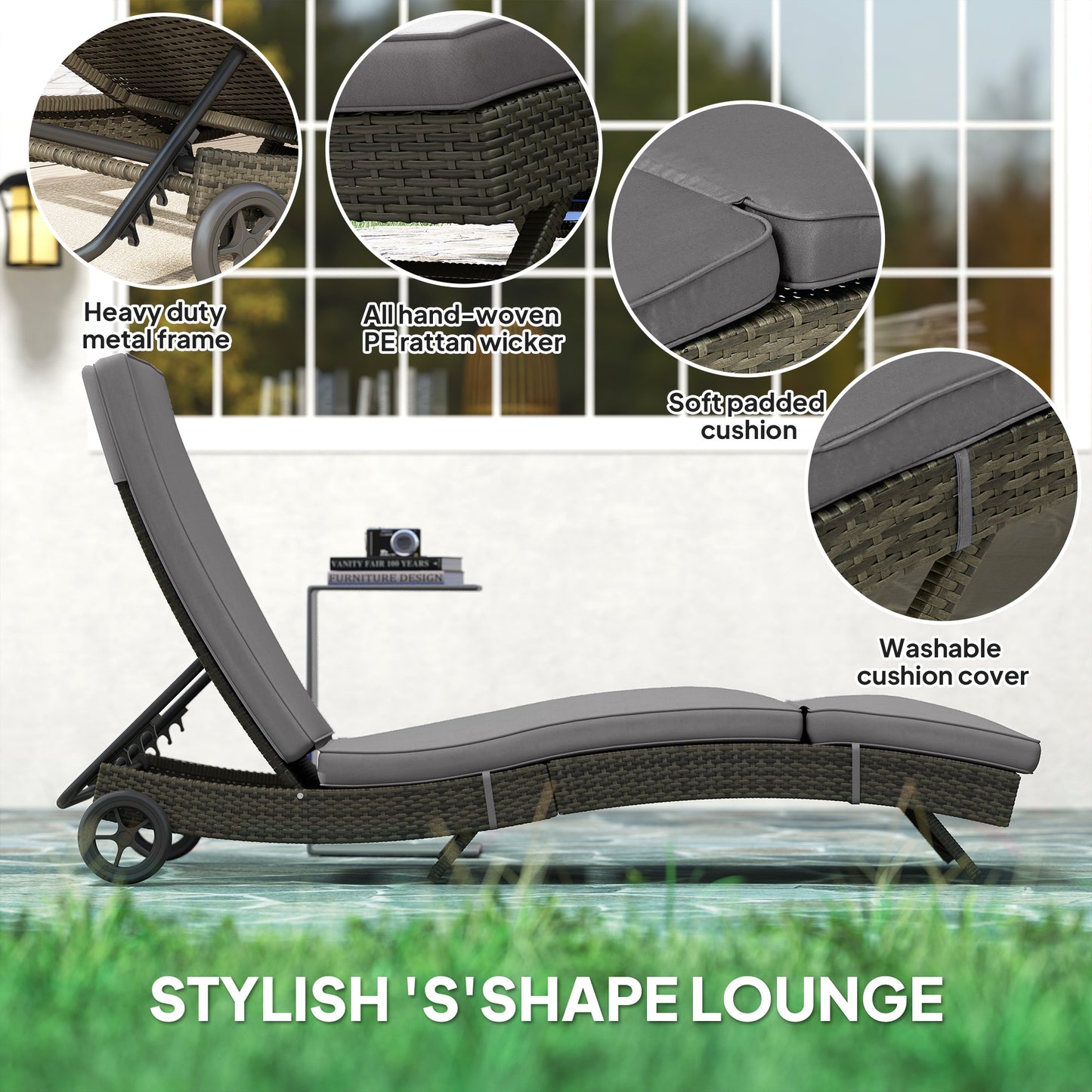 Patio Wicker Chaise Lounge Chair, Outdoor PE Rattan Sun Lounger With Adjustable Backrest And 2 Wheels, Gray
