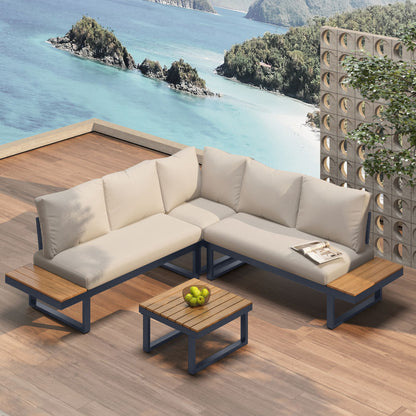 4-5 Seater Garden Lounge Set, Galvanized Iron Frame Outdoor Patio Furniture, 4-Piece Set, Reclining & Adjustable Seating, WPC Tabletop Table Included, Beige Fabric  Dark Gray Frame.