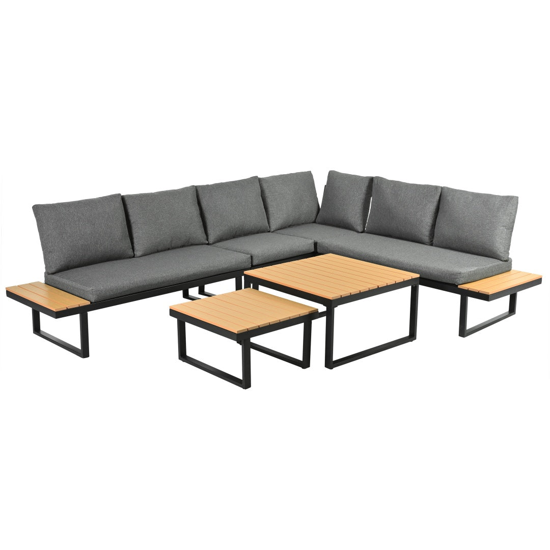 5-6 Seater Garden Lounge Set, Galvanized Iron Frame Outdoor Patio Furniture, 6-Piece Set, Reclining & Adjustable Seating, 2 WPC Tabletop Table Included, Gray Fabric  Black Frame