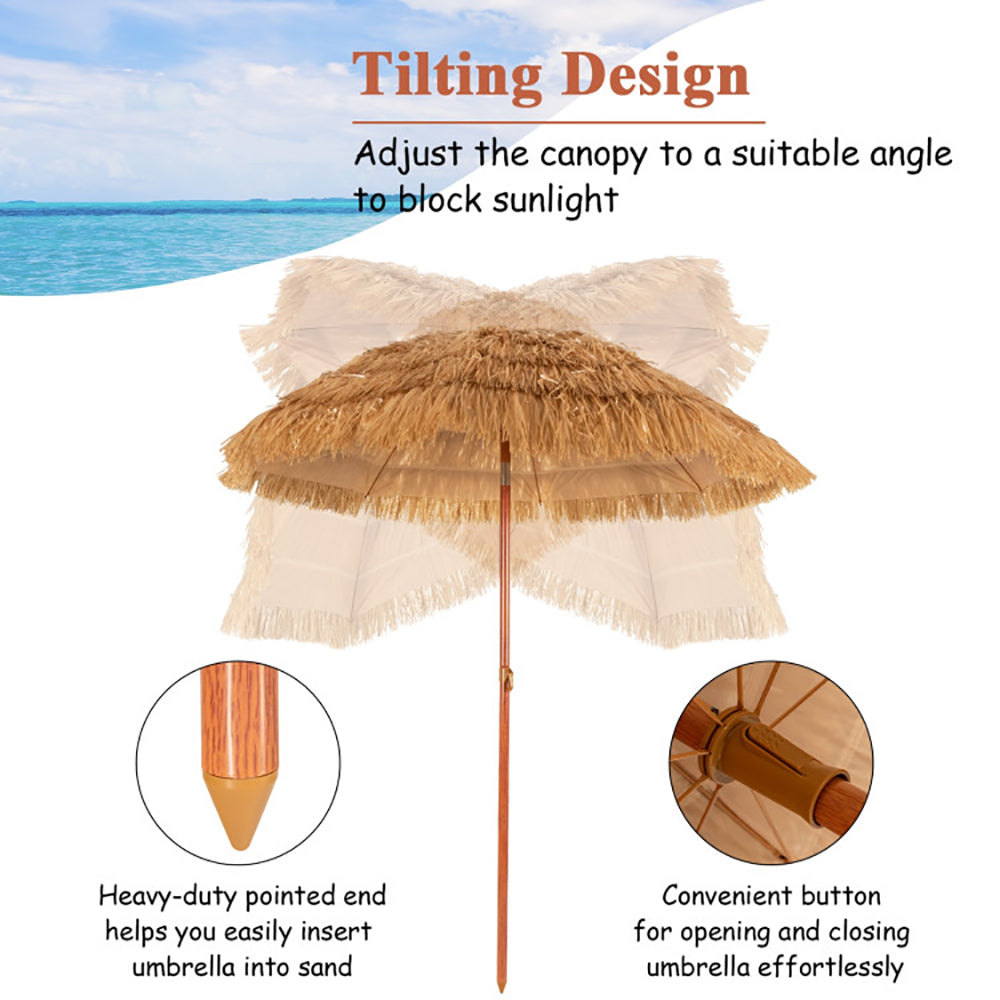 6.5 Feet Portable Thatched Tiki Beach Umbrella With Adjustable Tilt