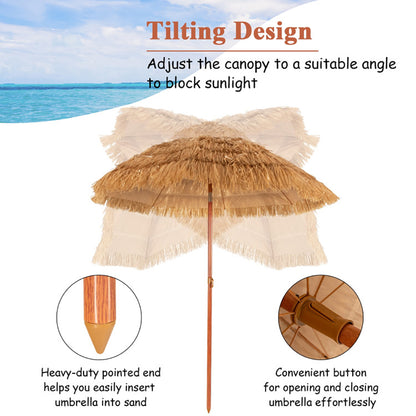 6.5 Feet Portable Thatched Tiki Beach Umbrella With Adjustable Tilt