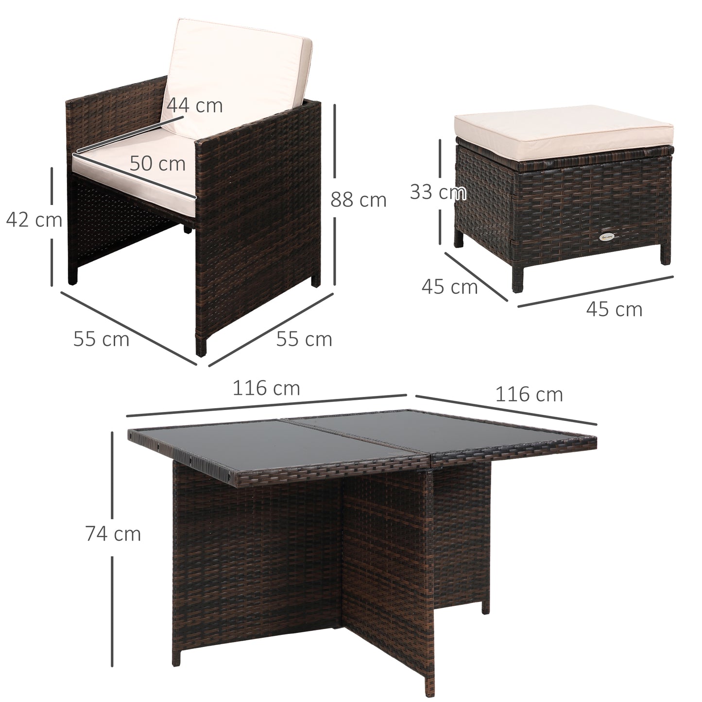 8 Seater Rattan Cube Garden Furniture Set, Rattan Dining Set With Cushions, Outdoor Dining Table And Chairs With 4 Armchairs, 4 Stools, Square Glass Top Table For Patio, Balcony, Brown