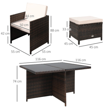 8 Seater Rattan Cube Garden Furniture Set, Rattan Dining Set With Cushions, Outdoor Dining Table And Chairs With 4 Armchairs, 4 Stools, Square Glass Top Table For Patio, Balcony, Brown