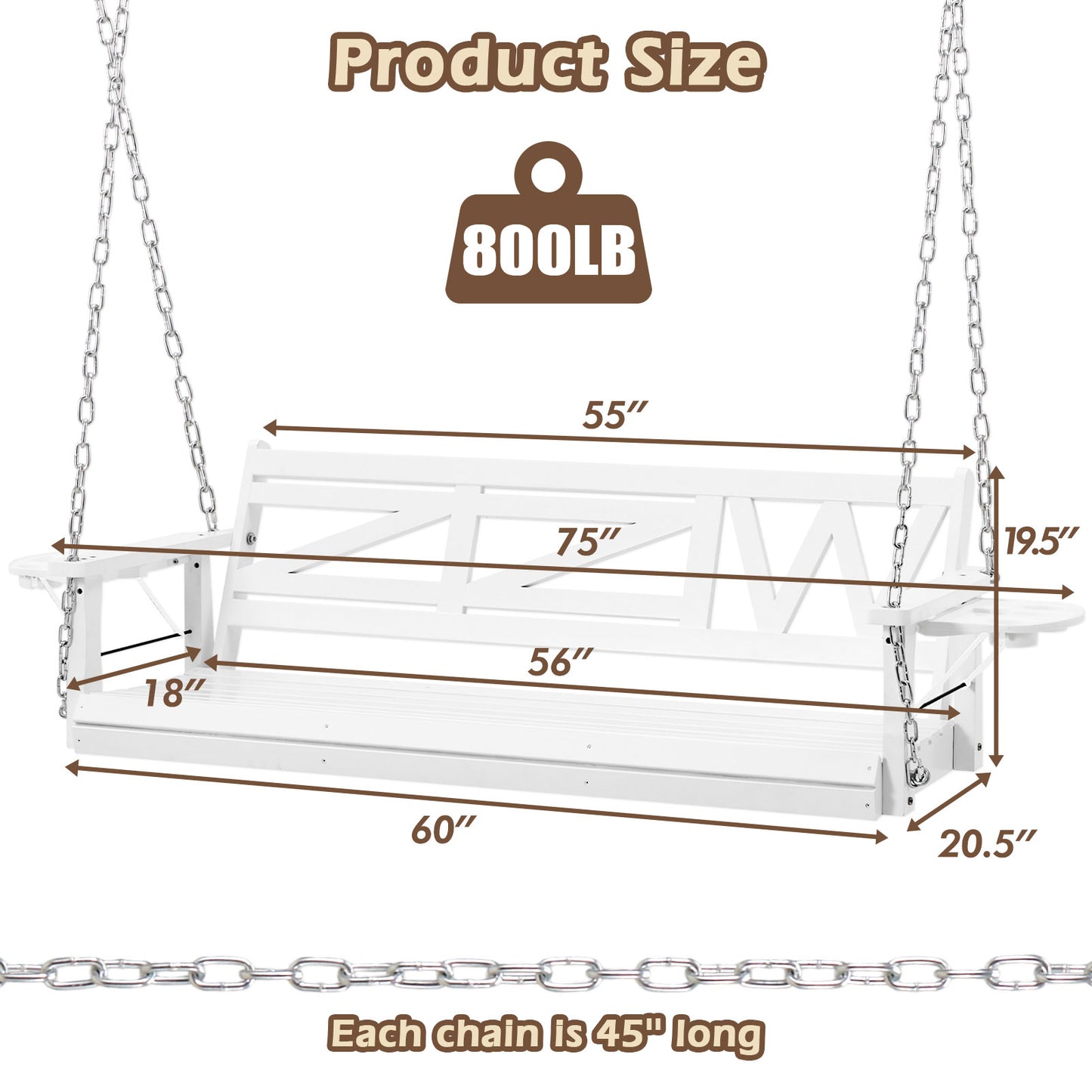 Wooden Outdoor Porch Swing With 3-seat