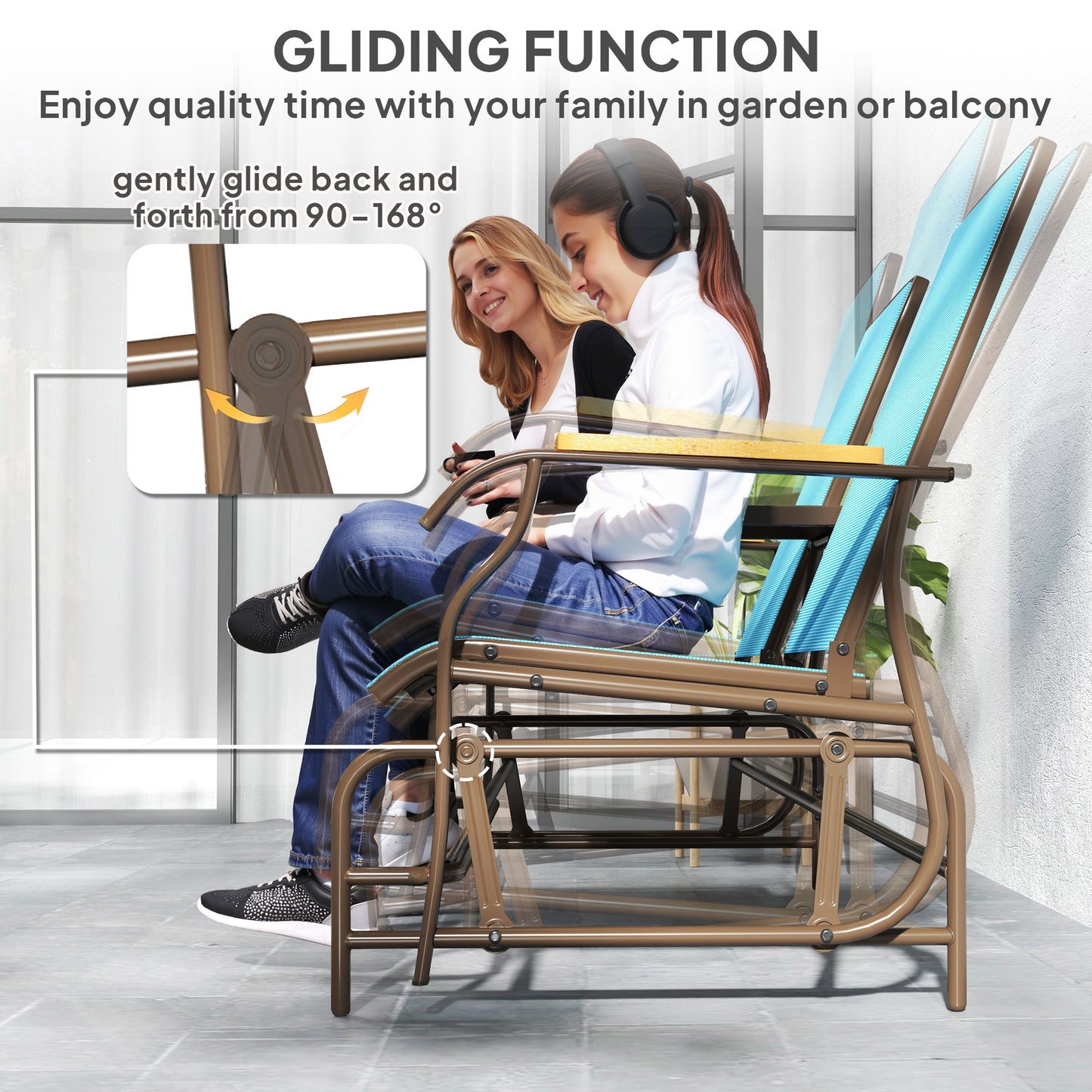 Outdoor 2-Person Glider Bench, Outside Glider Swing Chair Loveseat With Table, Steel Frame, Blue