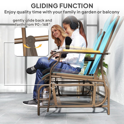 Outdoor 2-Person Glider Bench, Outside Glider Swing Chair Loveseat With Table, Steel Frame, Blue
