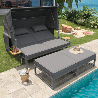 Garden Lounge Set For 2-4 People, Sun Lounger Set, Garden Lounger For 2 People With Foldable Sunshade, Outdoor Sofa Set, Dining Set For Terrace, Balcony, Garden, Indoor Outdoor Use