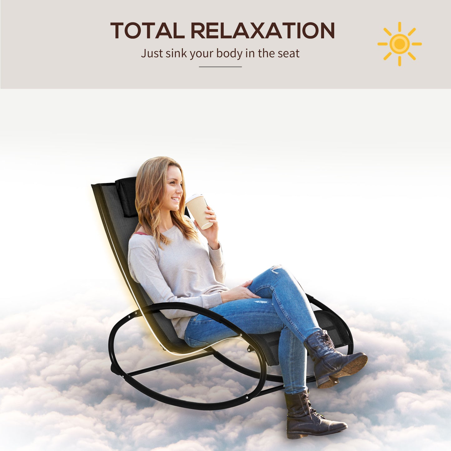 Patio Rocking Chair, Outdoor Chaise Lounger With Headrest Pillow And Breathable Fabric For Backyard, Living Room, Deck And Poolside, Black