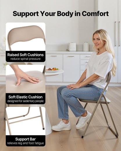 4 Pack Folding Chairs, Foldable Leather Chairs With Heavy Duty Metal Frame & Padded Cushion, Portable Folding Card Table Chairs, Stackable Seats For Home, Yard, Garden, Parties, Events, Khaki