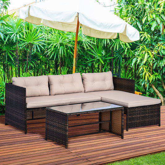 3 Piece Patio Furniture Set, Rattan Outdoor Sofa Set With Chaise Lounge & Loveseat, Soft Cushions, Tempered Glass Table, L-Shaped Sectional Couch, Beige