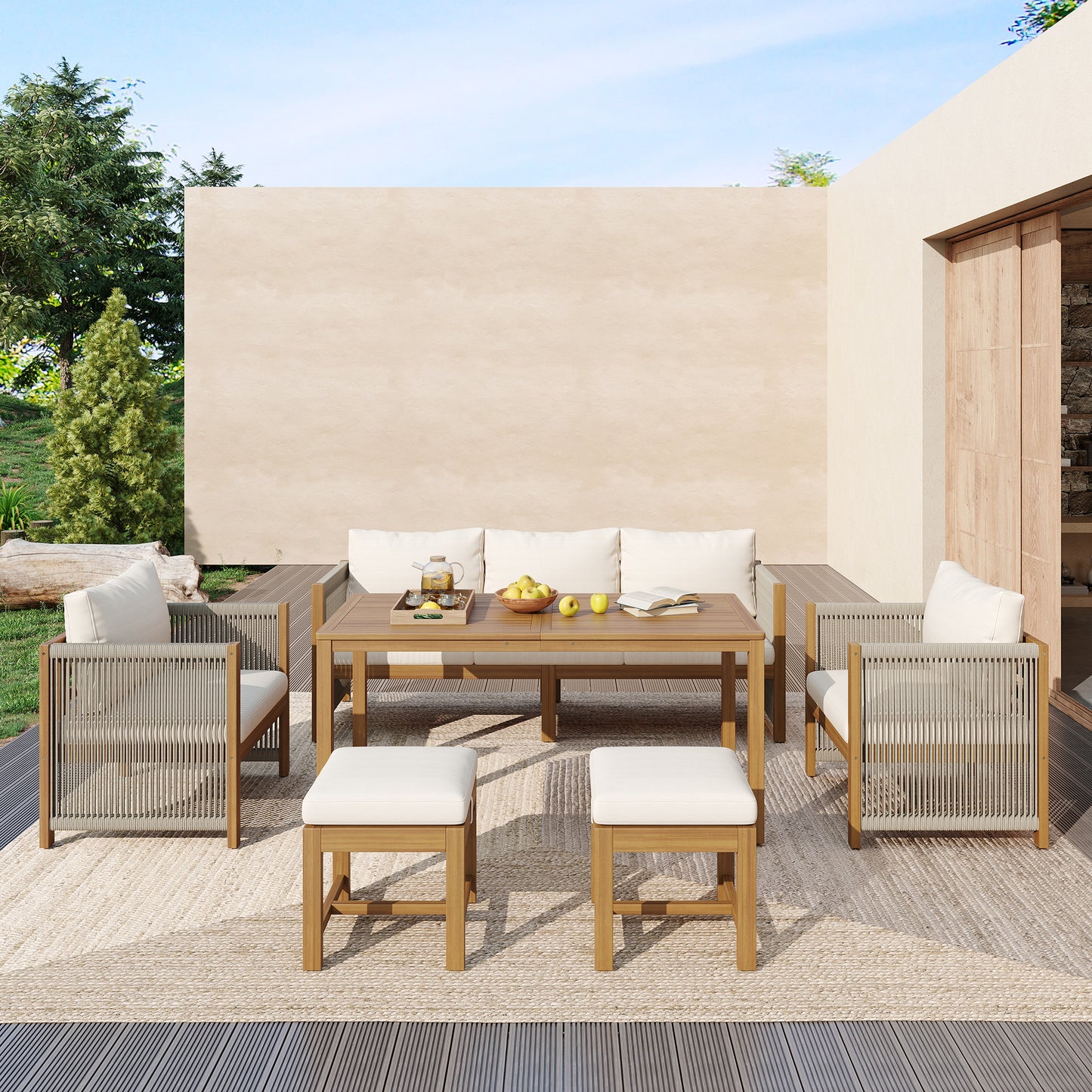 7-Seater Garden Lounge & Dining Set, Acacia Wood Frame Outdoor Patio Furniture, Rope Weaving, Acacia Wood Tabletop, Includes All Chairs & Backrest Cushions, Beige