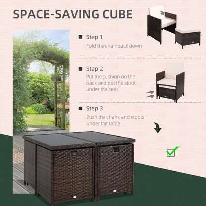8 Seater Rattan Cube Garden Furniture Set, Rattan Dining Set With Cushions, Outdoor Dining Table And Chairs With 4 Armchairs, 4 Stools, Square Glass Top Table For Patio, Balcony, Brown