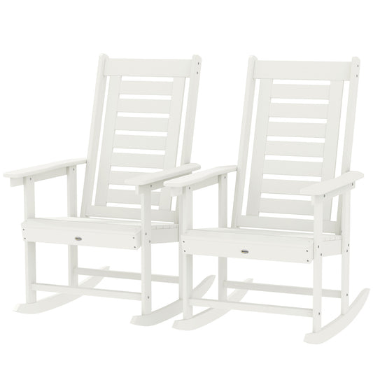 2 Pieces Outdoor Rocking Chairs, HDPE Patio Rockers With 28 High Back, Wide Armrests For Porch Backyard, White