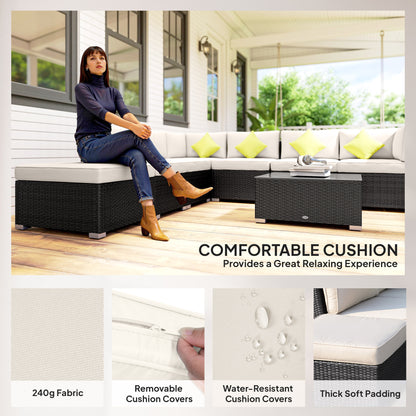 8 Piece Rattan Corner Sofa Set With Wide & Deep Seat, Assembled Aluminium PE Rattan Garden Furniture Set With Thick Cushions And Glass Top Table For Outdoor, Conservatory, Black