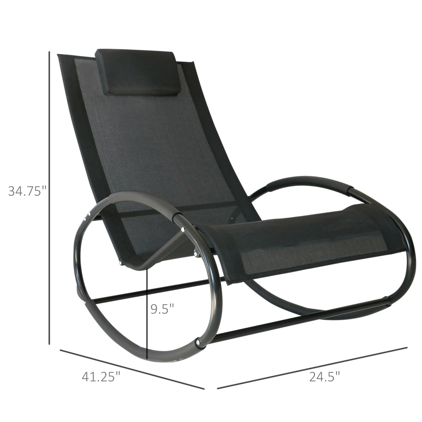 Patio Rocking Chair, Outdoor Chaise Lounger With Headrest Pillow And Breathable Fabric For Backyard, Living Room, Deck And Poolside, Black