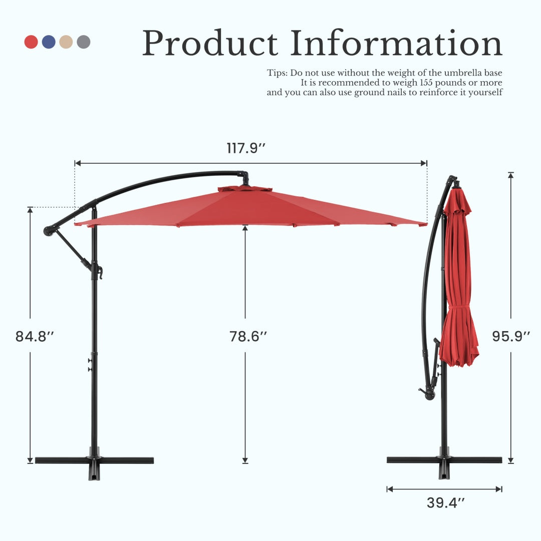 9.8FT Offset Patio Umbrella Hanging Cantilever Umbrella Outdoor Sun Shade With Easy Tilt Adjustment, 8 Ribs, UV Protection For Backyard, Lawn