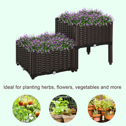 Set Of 2 26L Garden Raised Bed Elevated Patio Flower Plant Planter Box PP Vegetables Planting Container, Brown