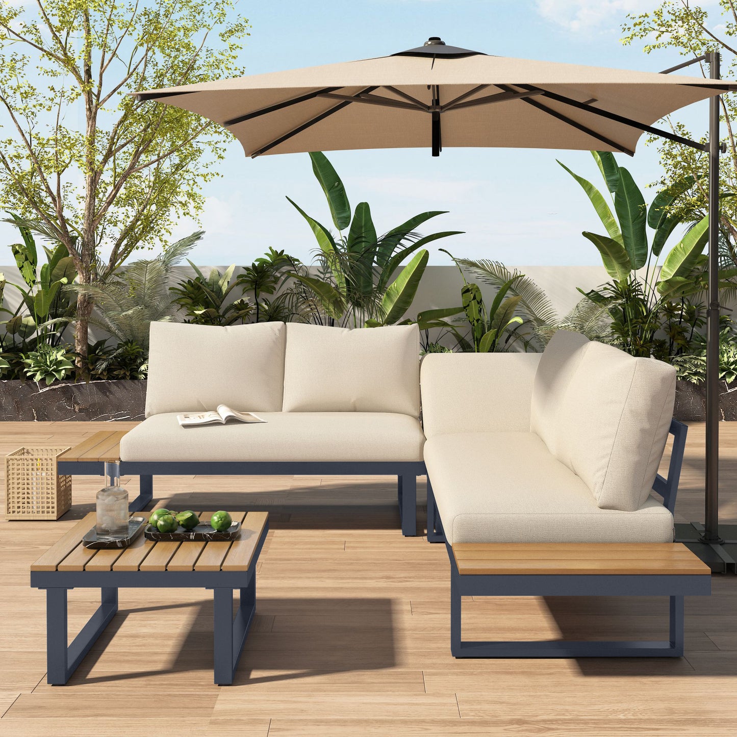 4-5 Seater Garden Lounge Set, Galvanized Iron Frame Outdoor Patio Furniture, 4-Piece Set, Reclining & Adjustable Seating, WPC Tabletop Table Included, Beige Fabric  Dark Gray Frame.