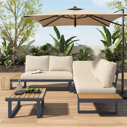 4-5 Seater Garden Lounge Set, Galvanized Iron Frame Outdoor Patio Furniture, 4-Piece Set, Reclining & Adjustable Seating, WPC Tabletop Table Included, Beige Fabric  Dark Gray Frame.