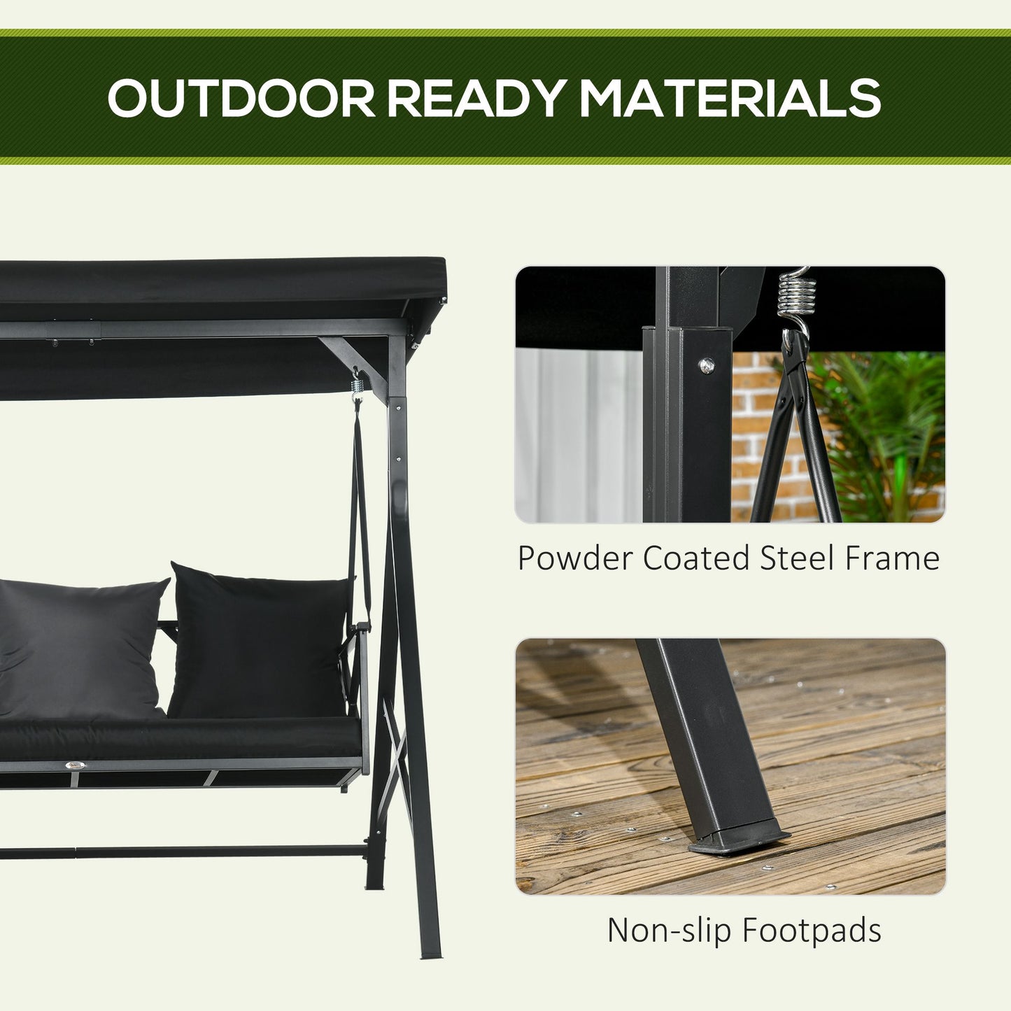 3-Seat Patio Swing Chair, Porch Swing Glider with Cushion, 3 Throw Pillows & Adjustable Canopy for Porch, Garden, Poolside, Backyard, Black
