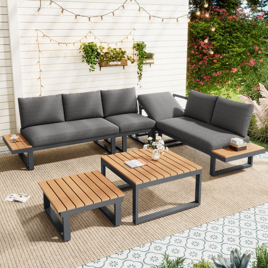 5-6 Seater Garden Lounge Set, Galvanized Iron Frame Outdoor Patio Furniture, 6-Piece Set, Reclining & Adjustable Seating, 2 WPC Tabletop Table Included, Gray Fabric  Black Frame