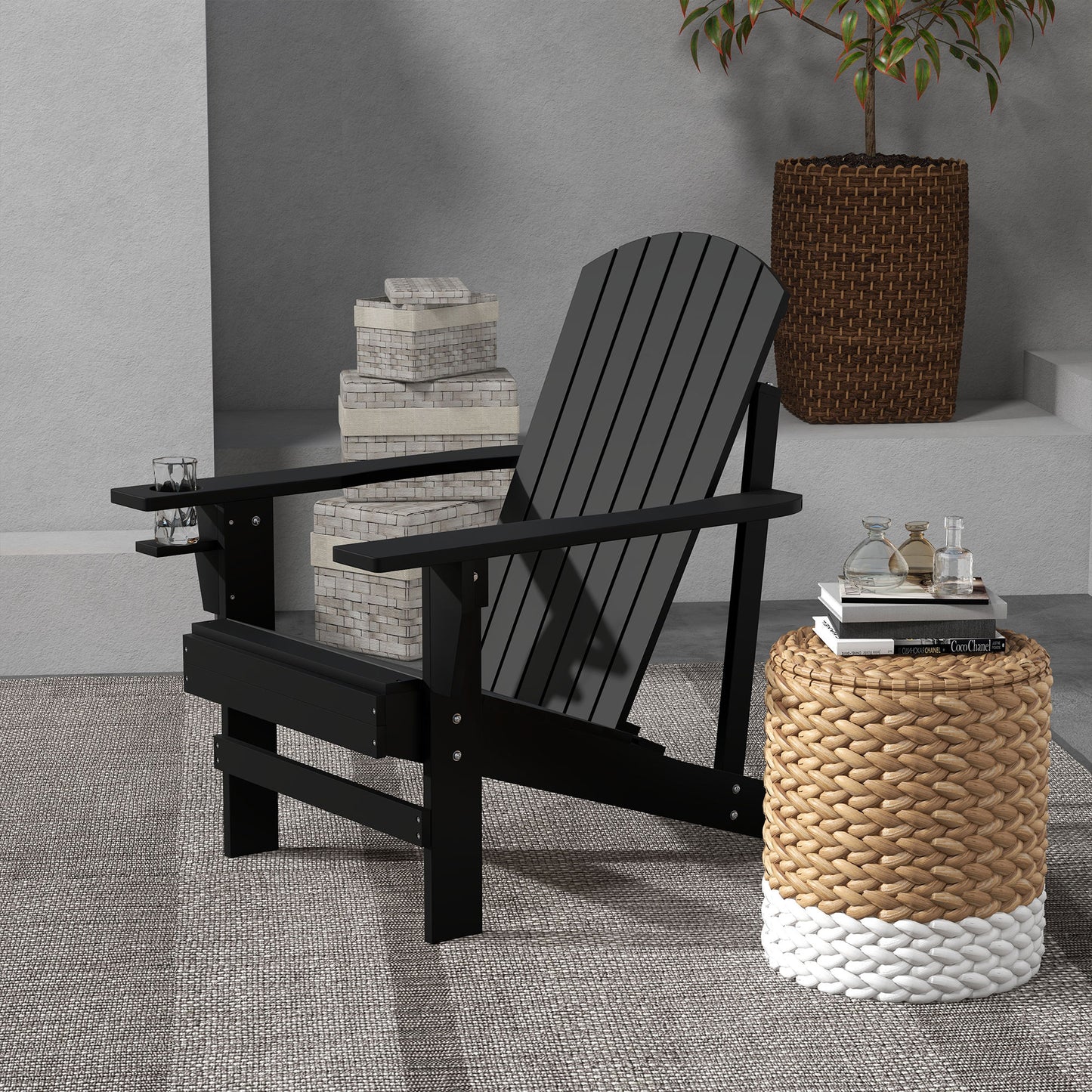 Modern Adirondack Chair With Cupholder Supports 330 Lbs For Patio Garden Lawn Black