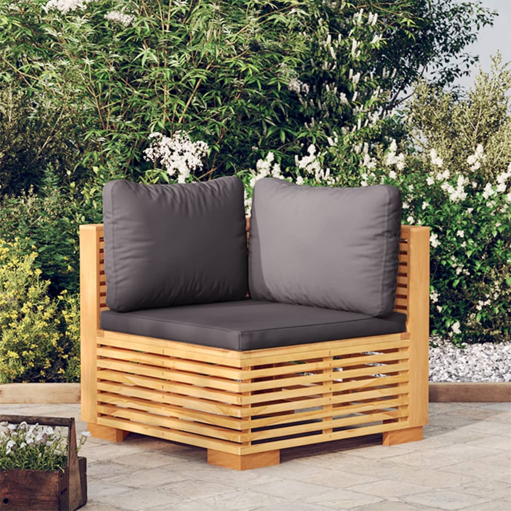 Garden Corner Sofa with Dark Grey Cushions, Solid Teak Wood