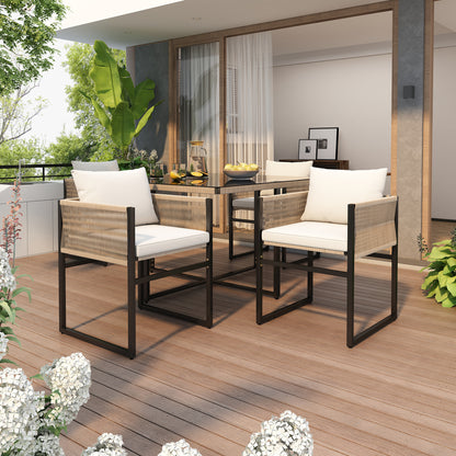 Garden Dining Set 5 Piece Set With 1 Dining Table, 4 Stackable Chairs Garden Furniture Set, 5-pc, Seating Group, Fine Rope, Iron, Table Top Made Of 5mm Thick Safety Glass