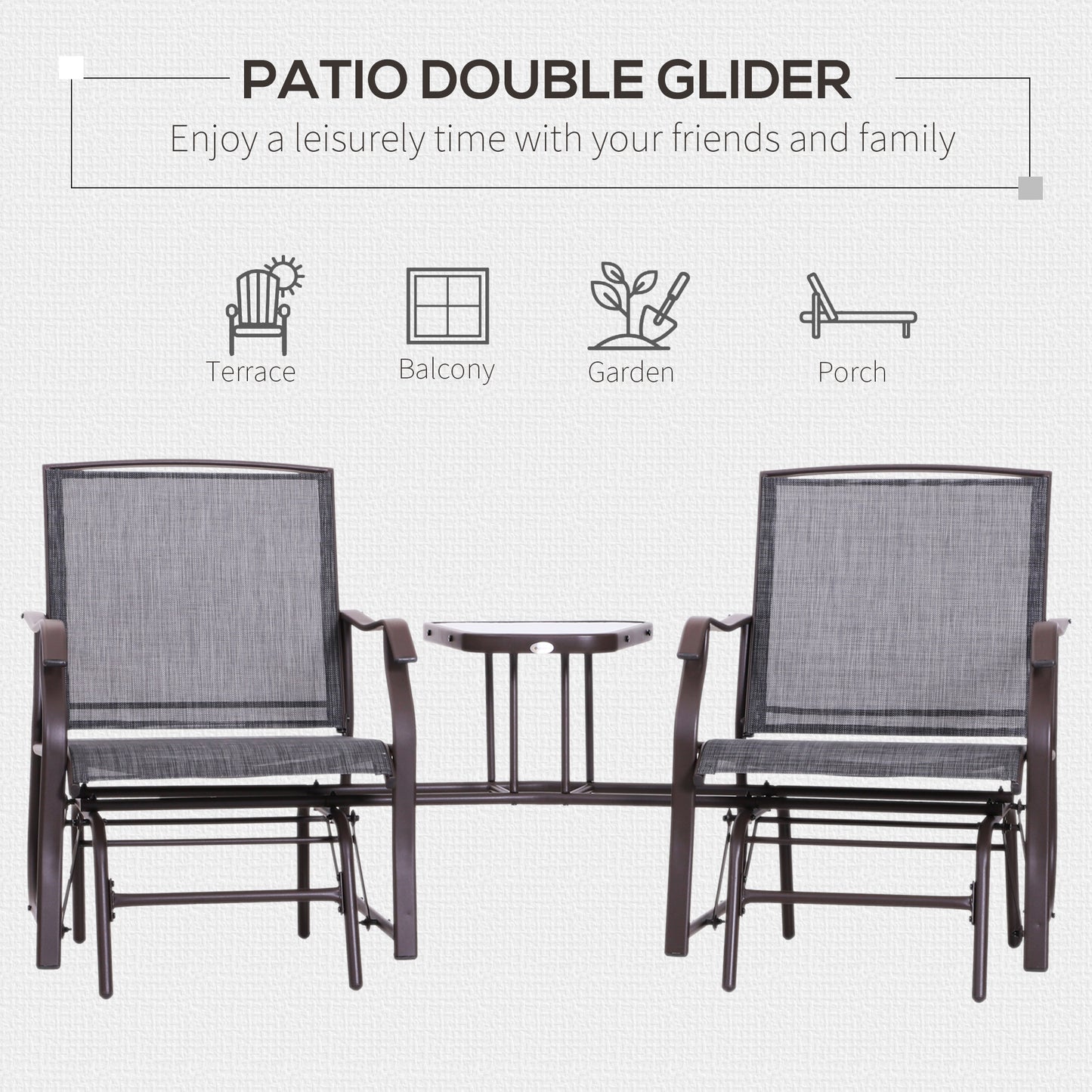 Outdoor Glider Swing 2-Seat Independent Chairs Grey With Center Coffee Table