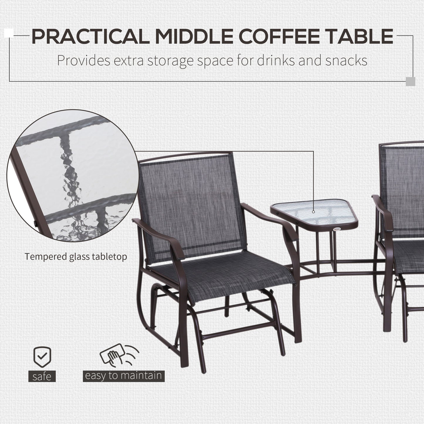 Outdoor Glider Swing 2-Seat Independent Chairs Grey With Center Coffee Table