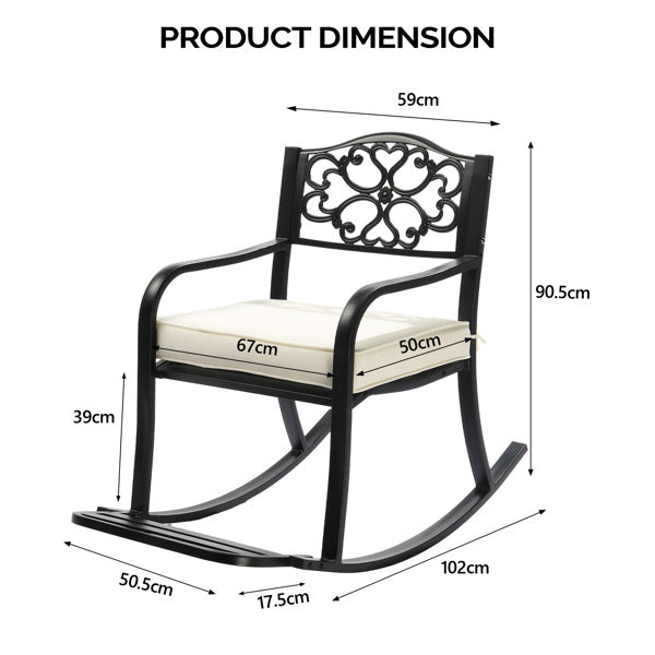 Metal Rocking Chair, Outdoor Rocking Bench With Cushion, Patio Rocker With Footrest, Weatherproof Rocking Chair For Outside, Patio, Garden, Flower Backrest