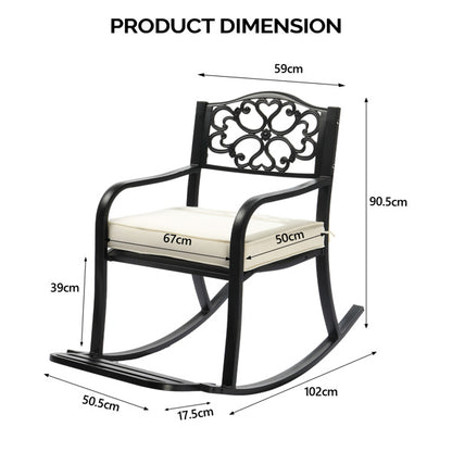 Metal Rocking Chair, Outdoor Rocking Bench With Cushion, Patio Rocker With Footrest, Weatherproof Rocking Chair For Outside, Patio, Garden, Flower Backrest