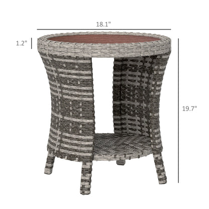 18 Wicker Outdoor Coffee Table, PE Rattan Patio Side Table With 2-Tier Storage, Composite Wood Top, Mixed Gray