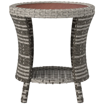 18 Wicker Outdoor Coffee Table, PE Rattan Patio Side Table With 2-Tier Storage, Composite Wood Top, Mixed Gray