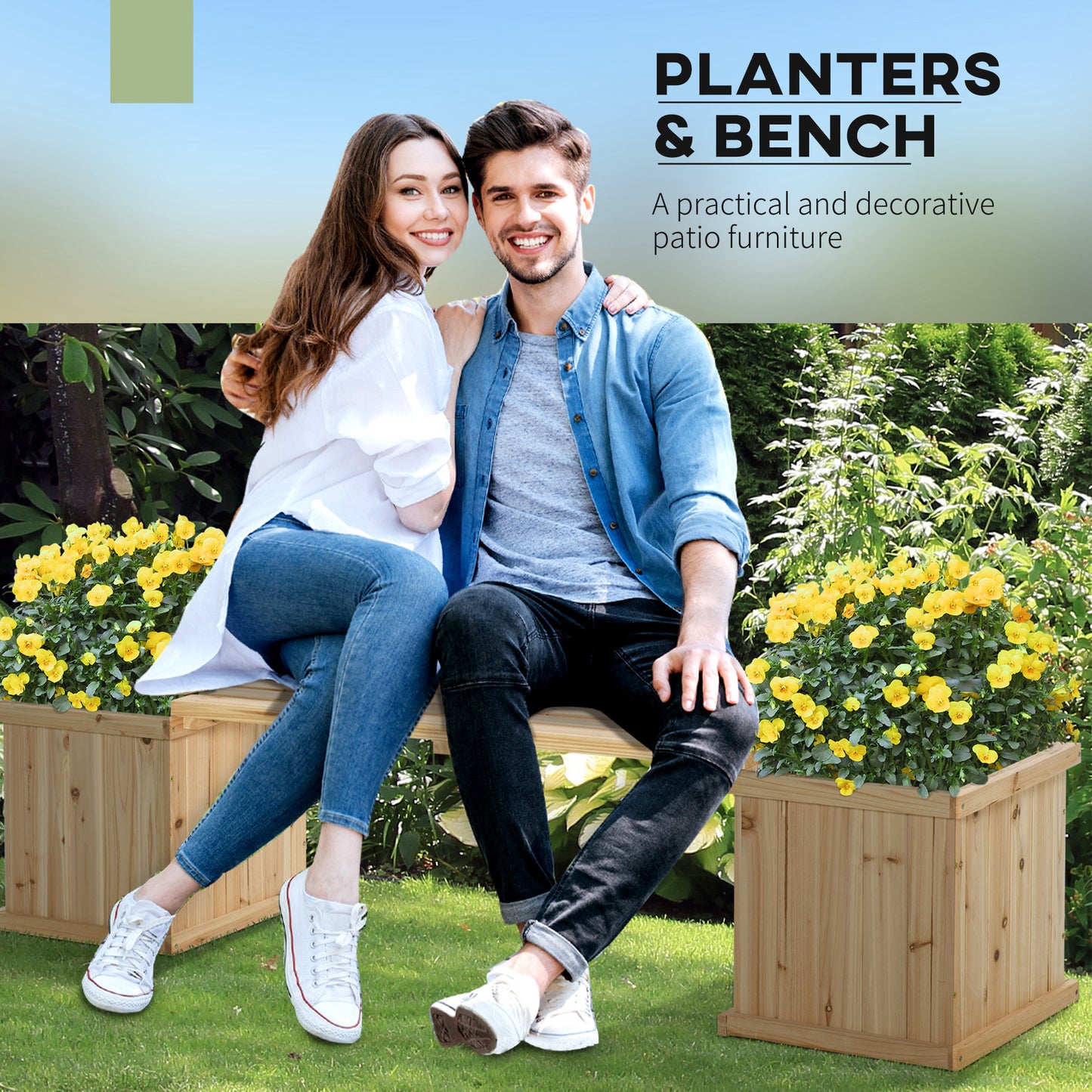 37L Wooden Garden Planter & Bench Combination Garden Raised Bed Patio Park Natural 176 X 38 X 40 Cm