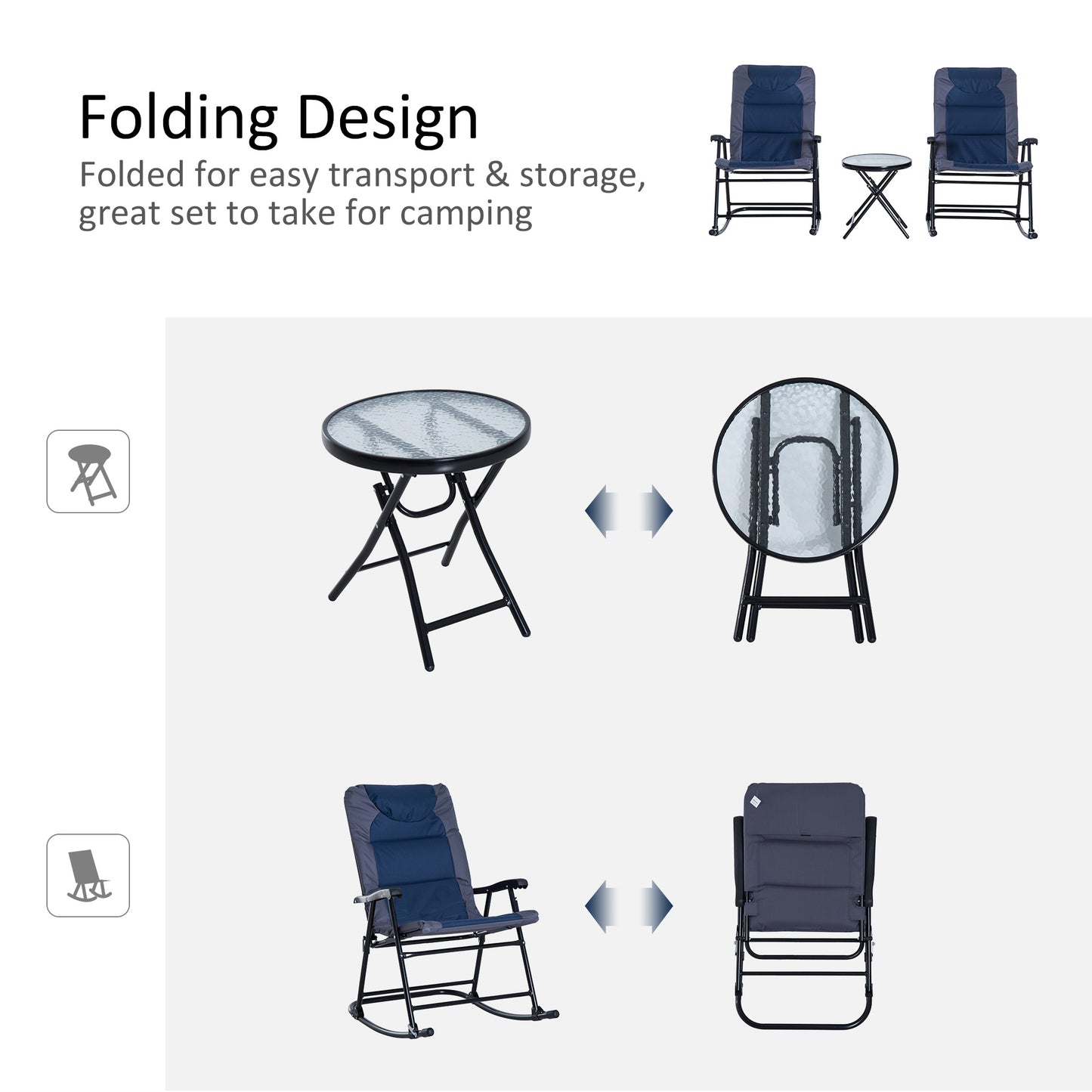 3 Piece Blue Rocking Bistro Set  Patio Chairs   Glass Coffee Table