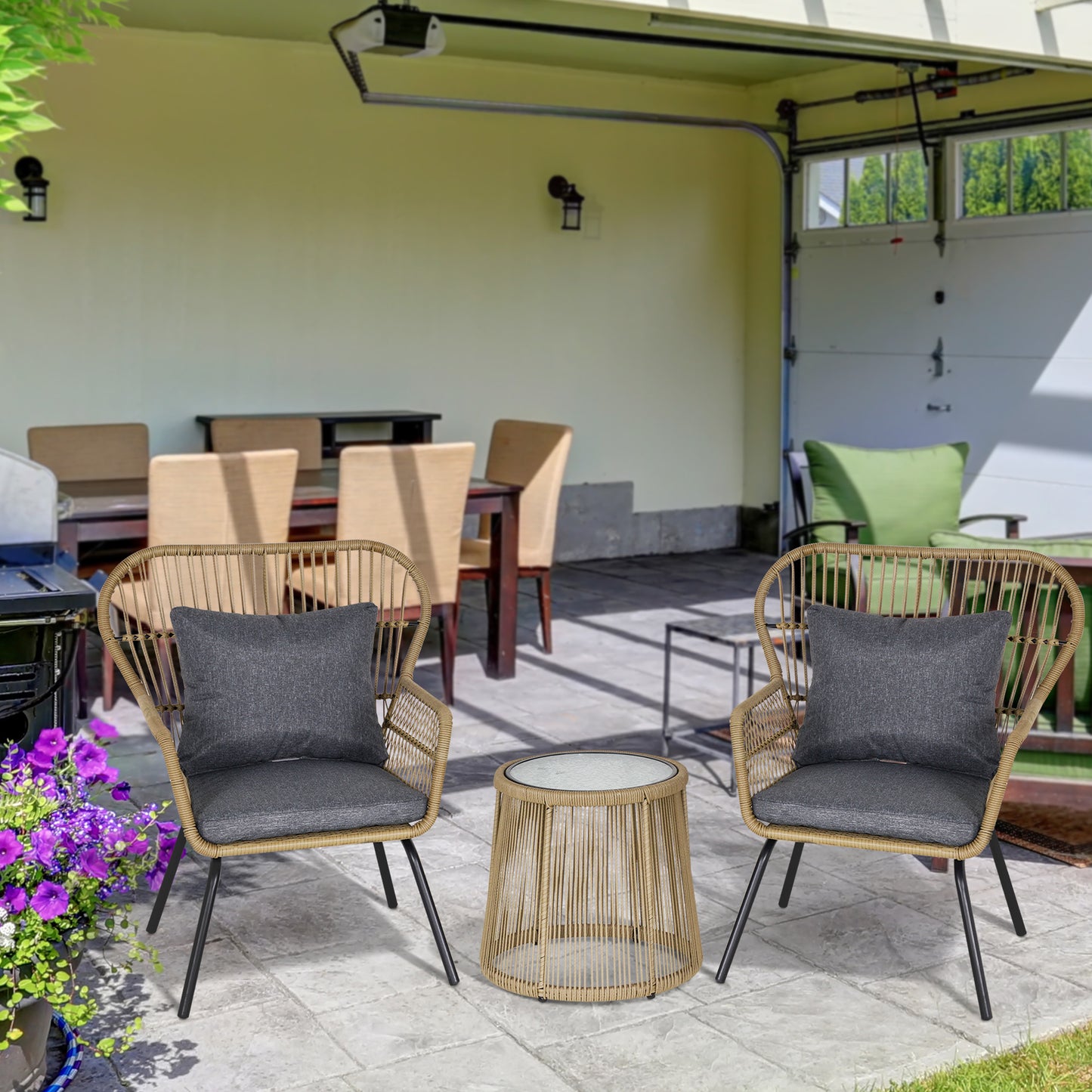 3 Pieces Rattan Bistro Set, Wicker Garden Furniture Set With Cushions, Glass Top Coffee Table And Chairs For Outdoor, Patio, Balcony, Brown