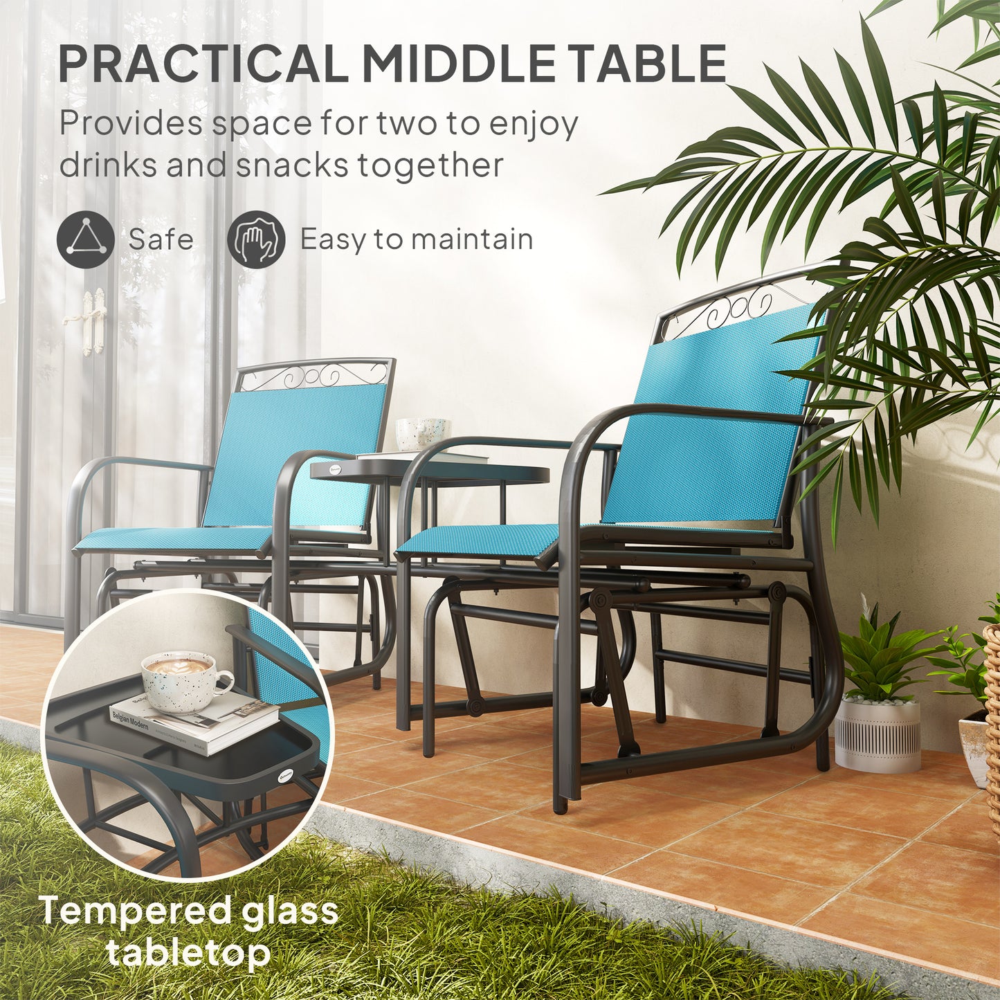 Outdoor Glider Chairs With Coffee Table, Patio 2-Seat Rocking Chair Swing With Breathable Sling For Backyard, Blue