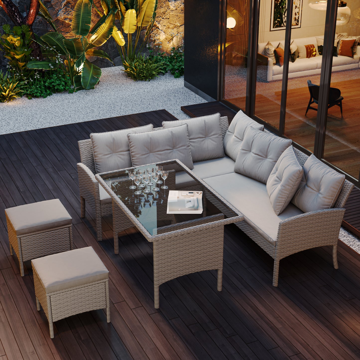 Garden Furniture Sets, Garden Sofa,Garden Corner Sofa Rattan Patio Set, 6-7 Seater Outdoor Patio Furniture,Lounge Corner Sofa Set With Table Stool, Mixed Khaki Wicker With Light Grey Cushions