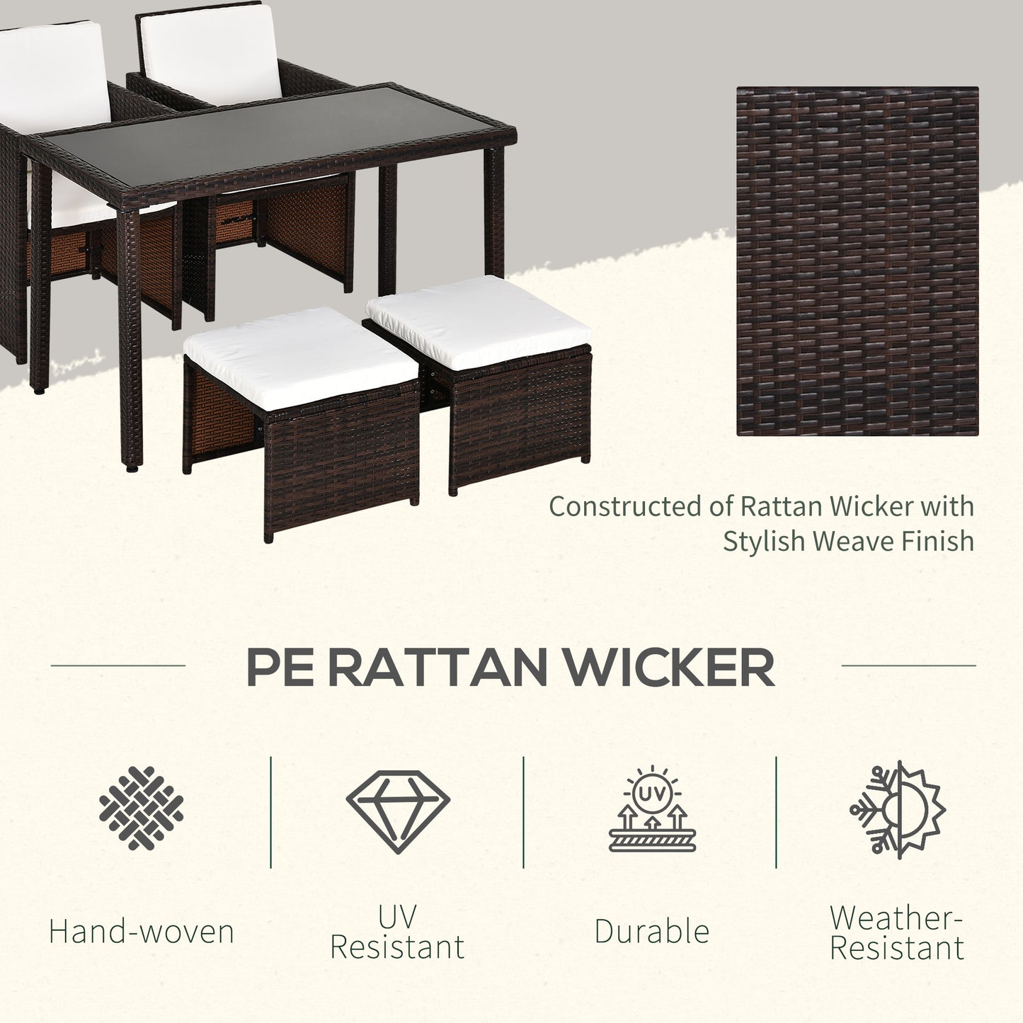 2 Seater Rattan Cube Garden Furniture Set, Rattan Dining Set With Cushions, Outdoor Dining Table And Chairs With 2 Armchairs, 2 Stools, Rectangular Glass Top Table For Patio, Balcony, Brown