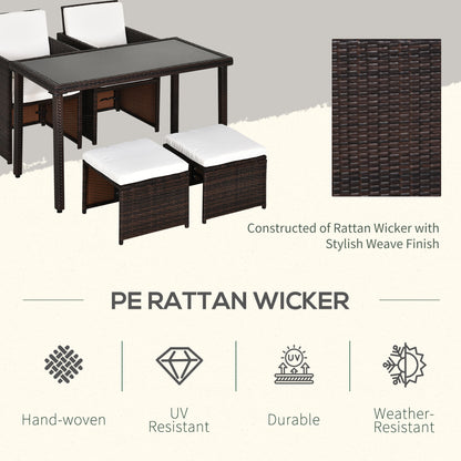 2 Seater Rattan Cube Garden Furniture Set, Rattan Dining Set With Cushions, Outdoor Dining Table And Chairs With 2 Armchairs, 2 Stools, Rectangular Glass Top Table For Patio, Balcony, Brown